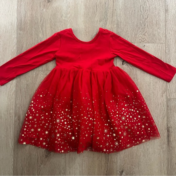 Hanna Andersson Holiday Christmas Red Gold Long Sleeve Shimmer Tulle Dress Sz 4 - Picture 1 of 4